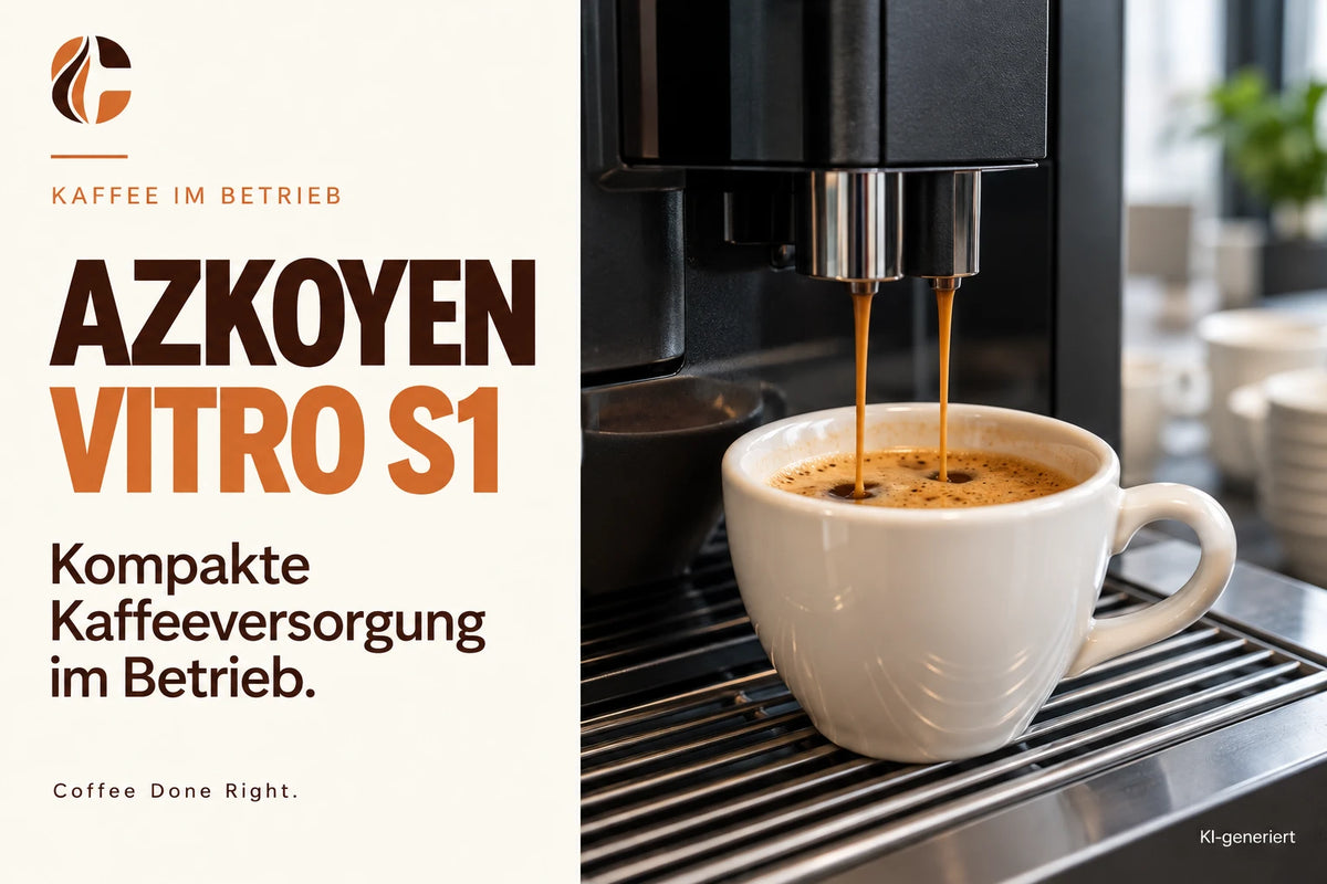 Azkoyen Vitro S1: Kompakte Kaffeeversorgung – Kaffeevollautomat bereitet Kaffee in einer weißen Tasse zu