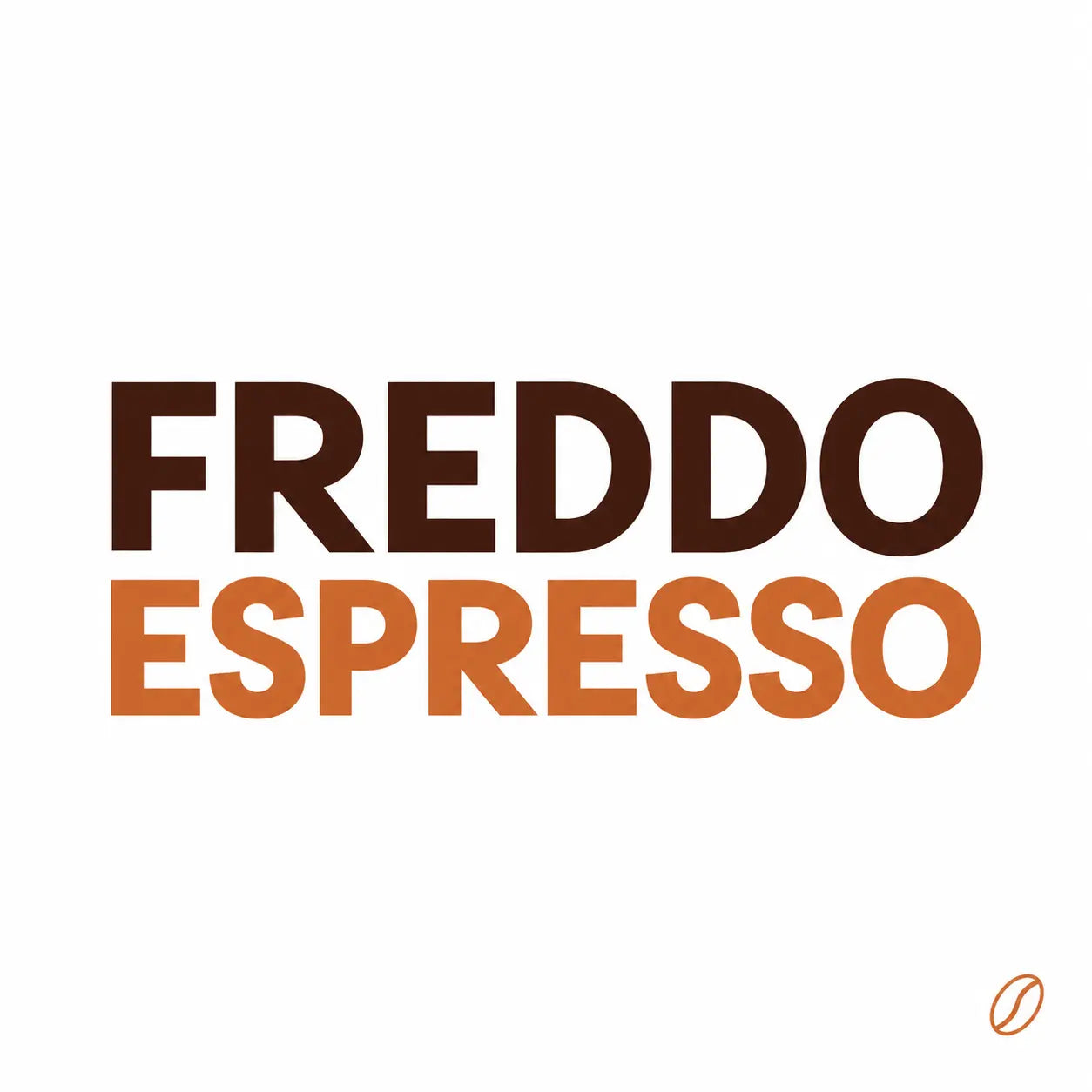 Minimalistisches Cafeoni-Blogbild mit der Überschrift „FREDDO ESPRESSO“ in Dunkelbraun und Kupferorange auf hellem Hintergrund.