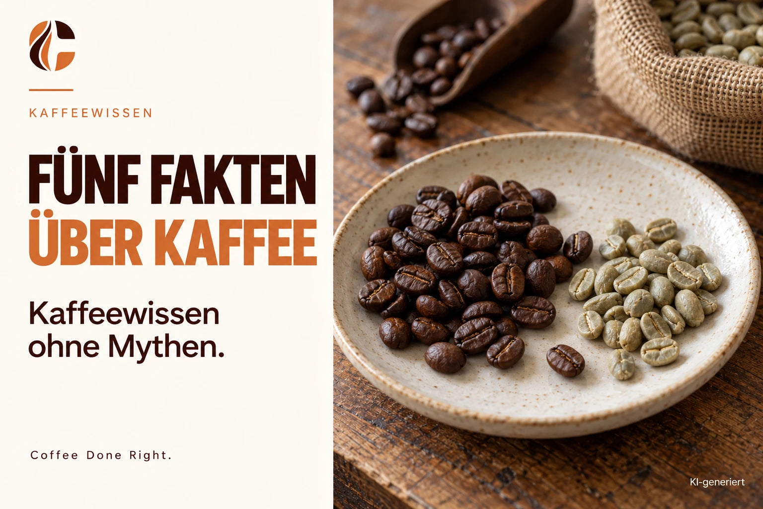 5 Fakten über Kaffee – ohne Mythen – Ungeröstete und geröstete Kaffeebohnen auf einem Teller