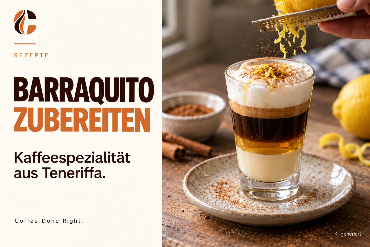 Barraquito: Rezept für Kaffee aus Teneriffa – Zitronenzeste wird auf einen geschichteten Barraquito gegeben