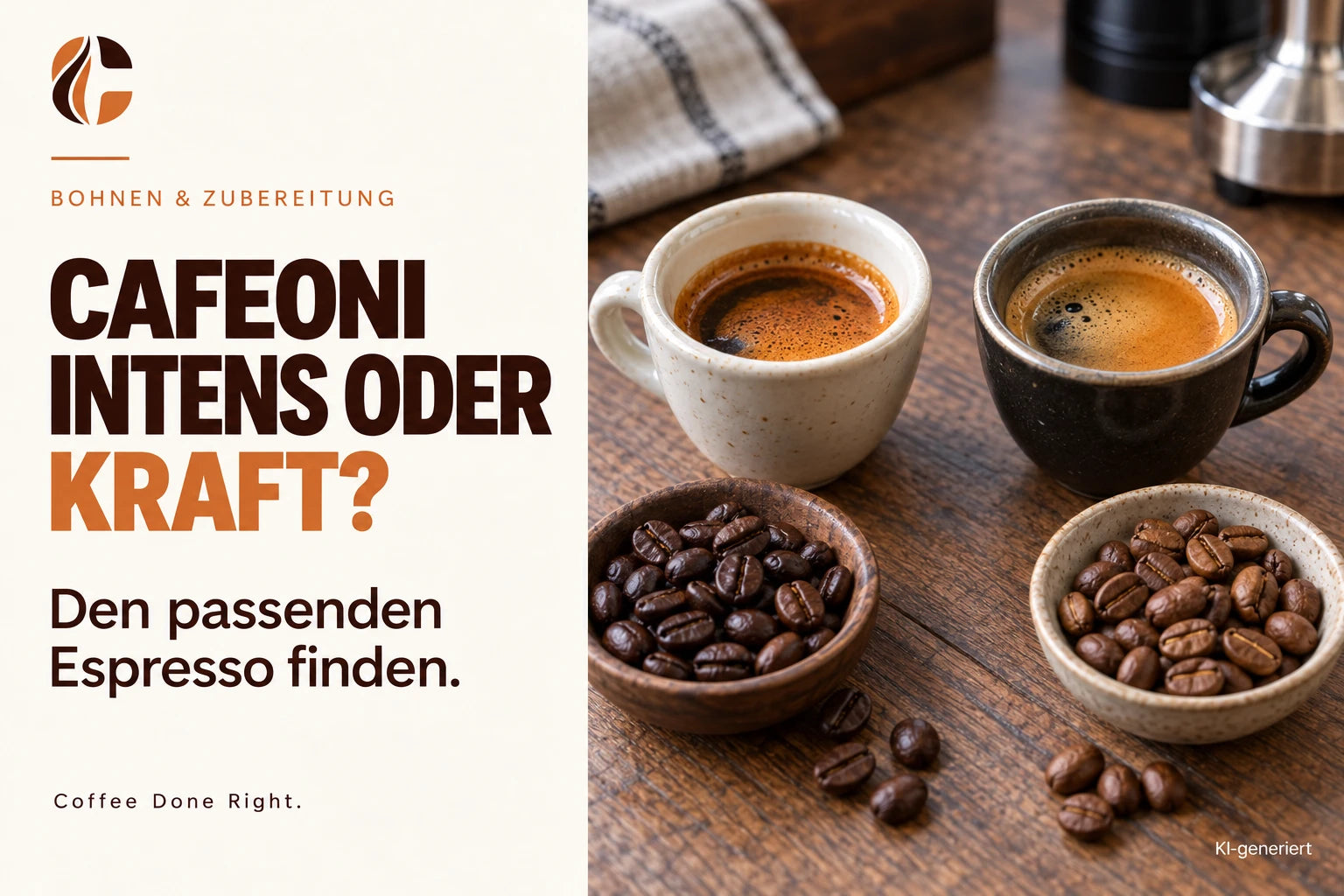 CAFEONI INTENS oder KRAFT: Welcher Espresso passt zu dir? – Zwei Espressotassen mit unterschiedlich dunkler Crema