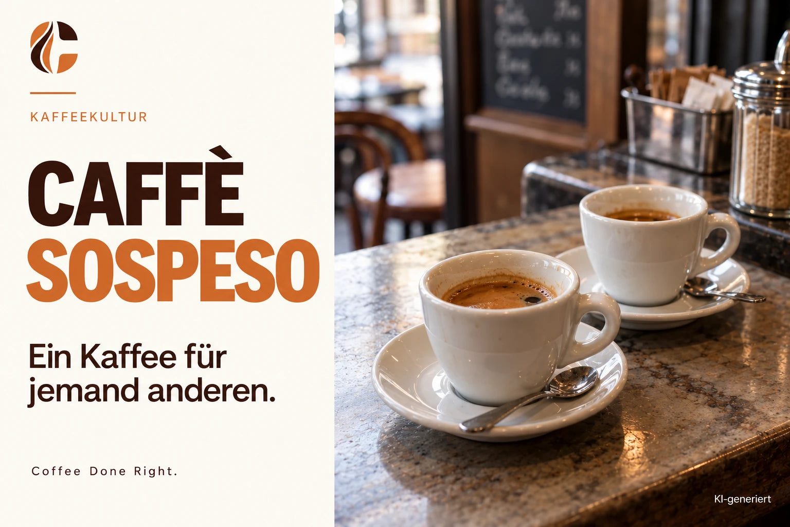 Caffè sospeso: Die Idee des aufgeschobenen Kaffees – Zwei Espressotassen an einer klassischen Café-Theke