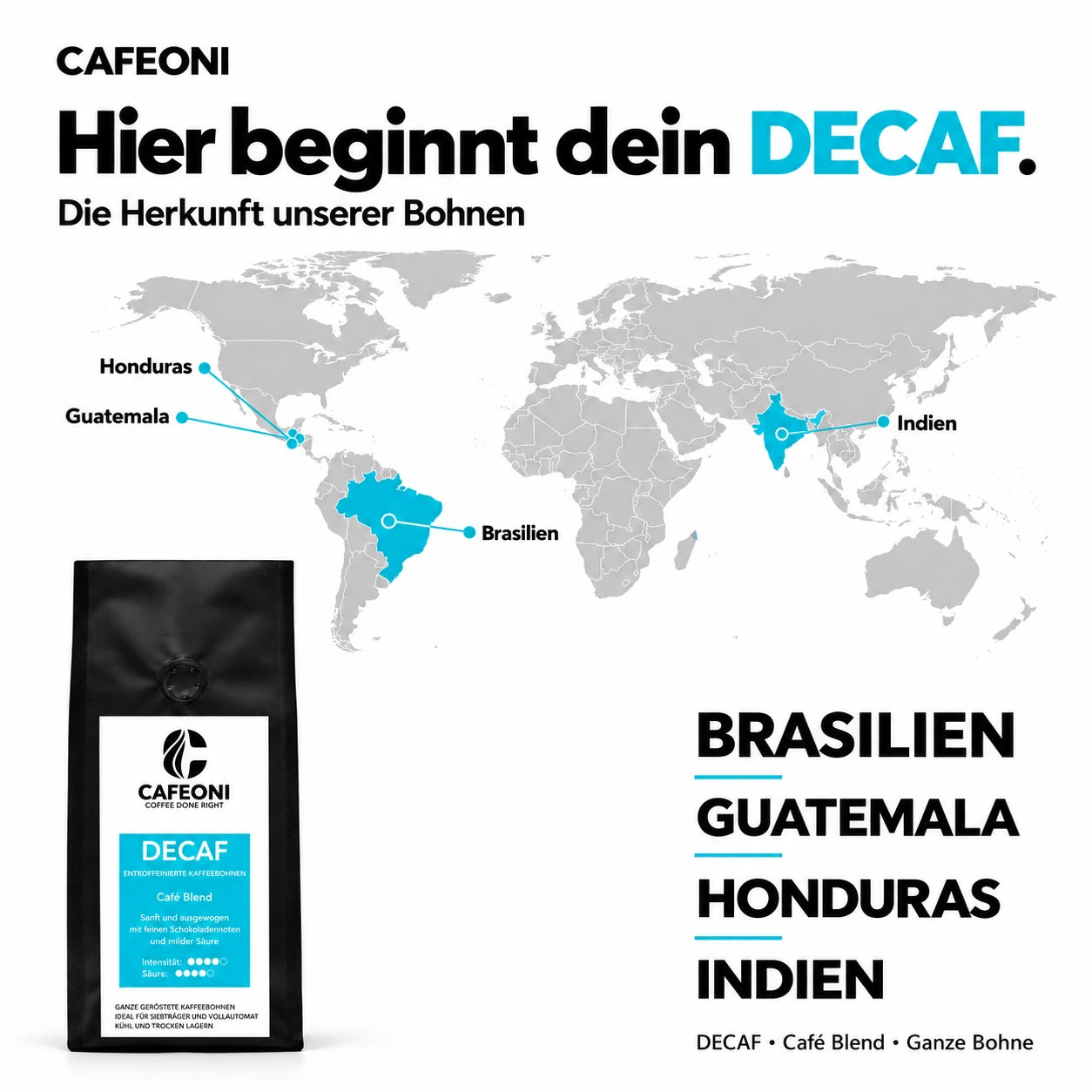 CAFEONI DECAF Kaffeebohnen – Herkunftsländer auf der Weltkarte