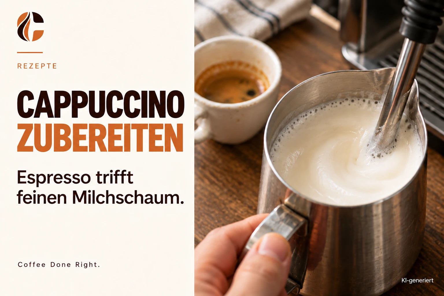 Cappuccino: Zubereitung, Milchschaum & Genuss – Milch wird aus einem Edelstahlkännchen in einen Cappuccino gegossen