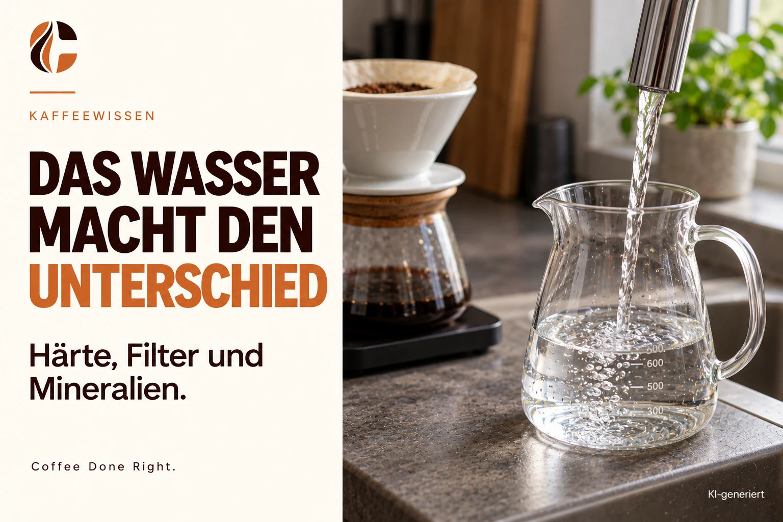 Wasser für Kaffee: Härte, Filter und Mineralien – Frisches Wasser wird in eine Karaffe neben einem Handfilter gefüllt