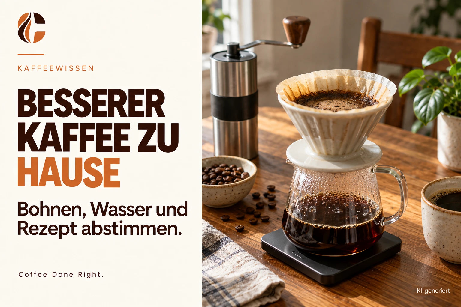 Besserer Kaffee zu Hause: Bohnen, Wasser, Rezept – Handfilter, Kaffeekanne und Tasse auf einem Frühstückstisch