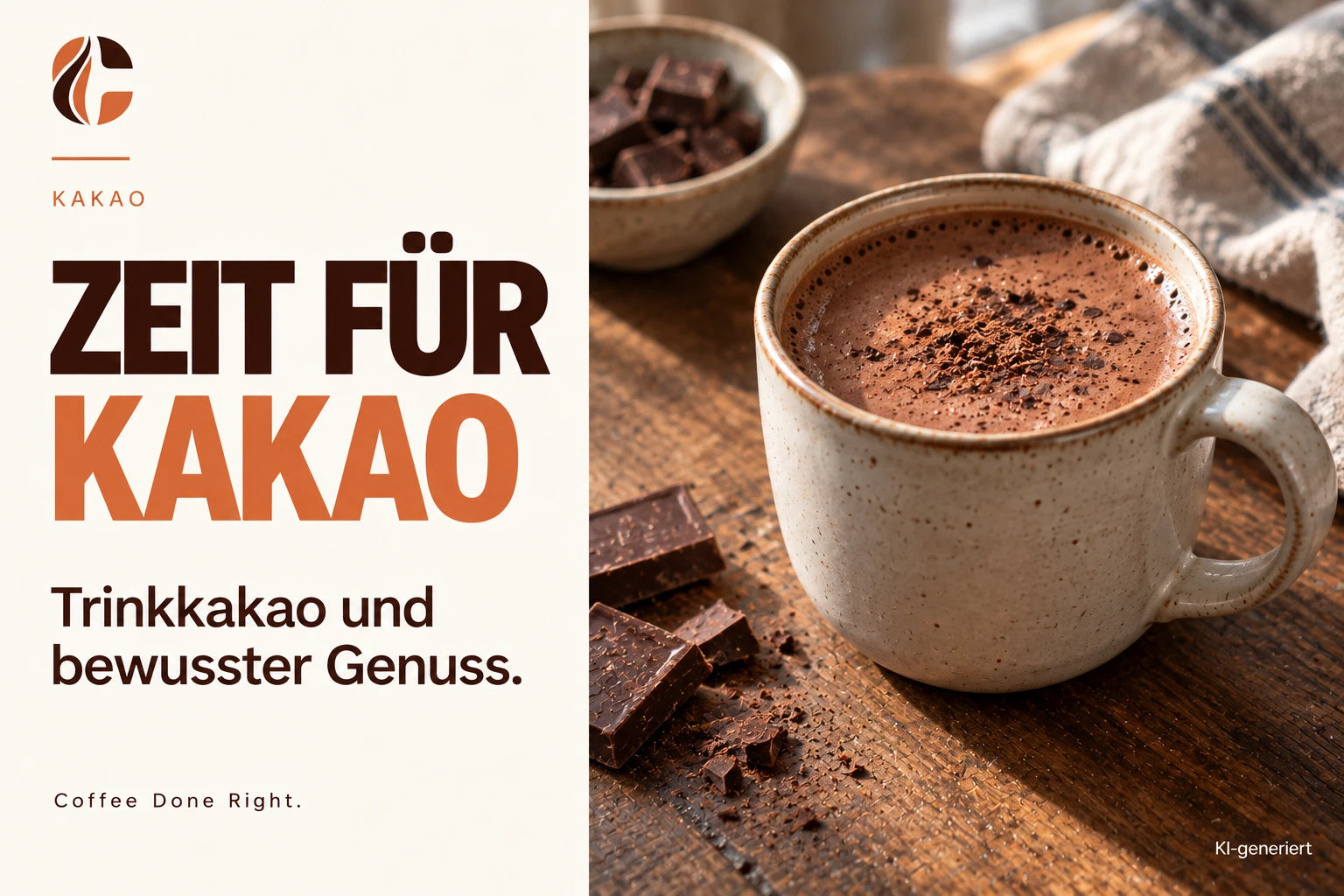 Kakao: Inhaltsstoffe, Trinkkakao und Genuss – Mokka mit Kakao und Schokoladenstücken neben der Tasse