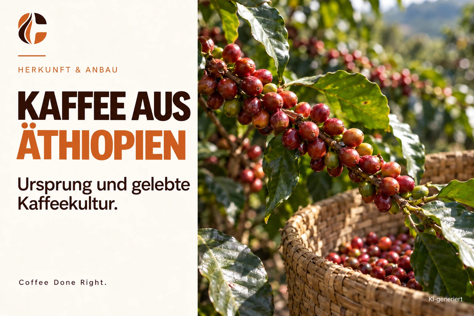 Kaffee aus Äthiopien: Ursprung & Zeremonie – Reife Kaffeekirschen und ein Erntekorb an einem Kaffeeanbaugebiet