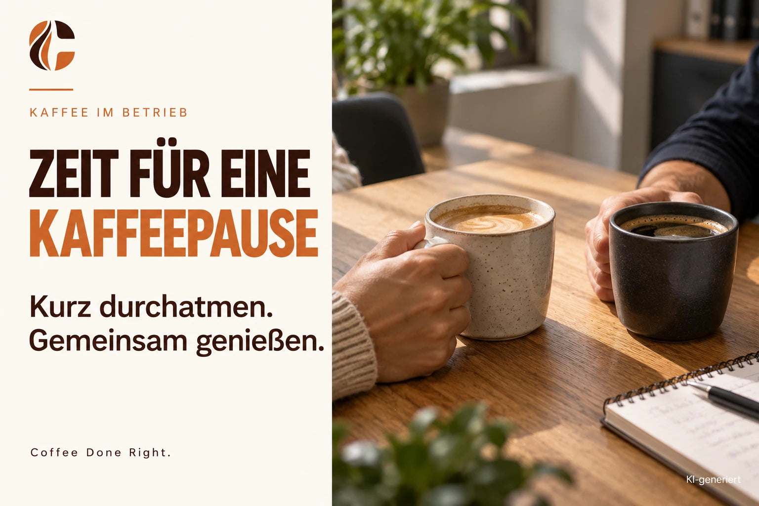Kaffeepause im Büro: Erholung & Austausch – Zwei Menschen halten Kaffeetassen während einer Pause am Tisch