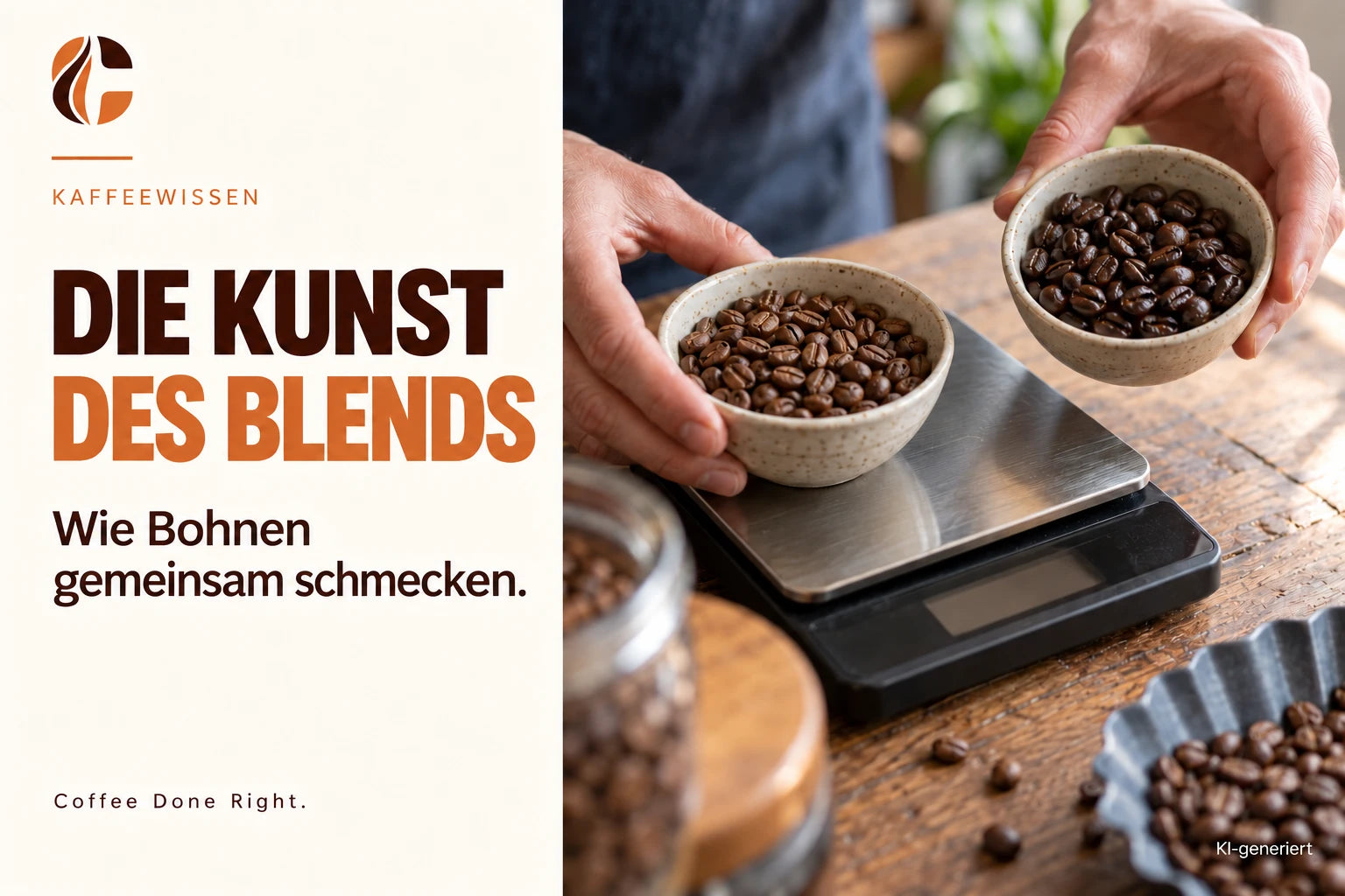 Kaffee-Blend: Mischung, Geschmack & Auswahl – Unterschiedliche Kaffeebohnen werden für eine Mischung abgewogen
