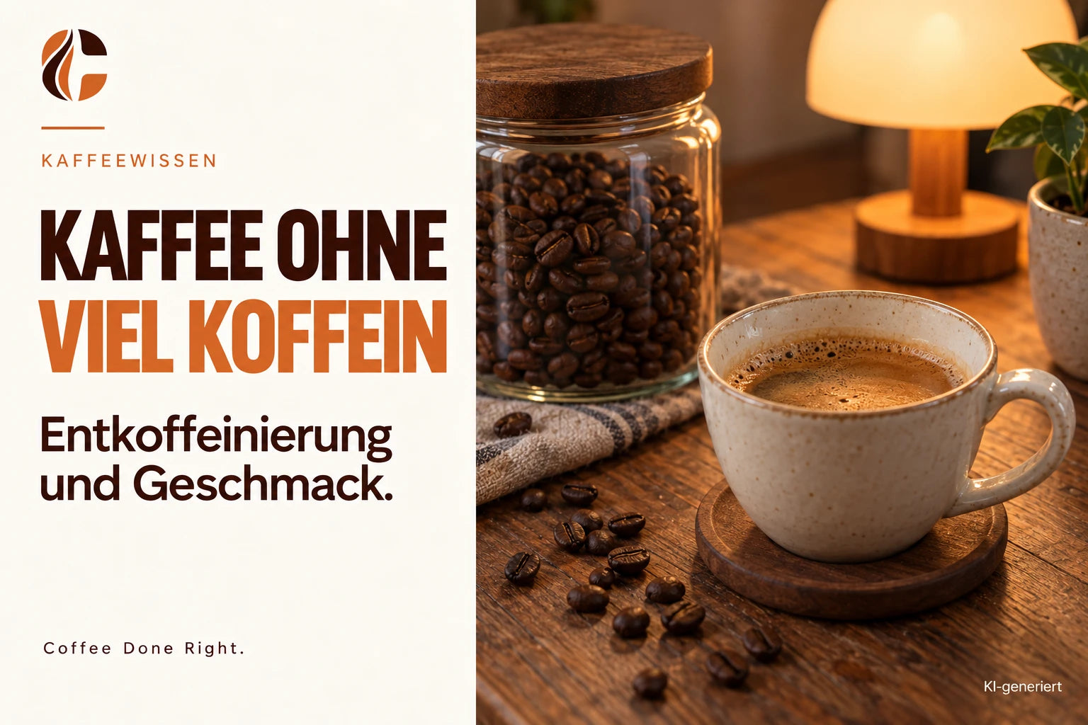 Entkoffeinierter Kaffee: Herstellung & Restkoffein – Kaffeetasse neben einem Vorratsglas mit Bohnen im Abendlicht