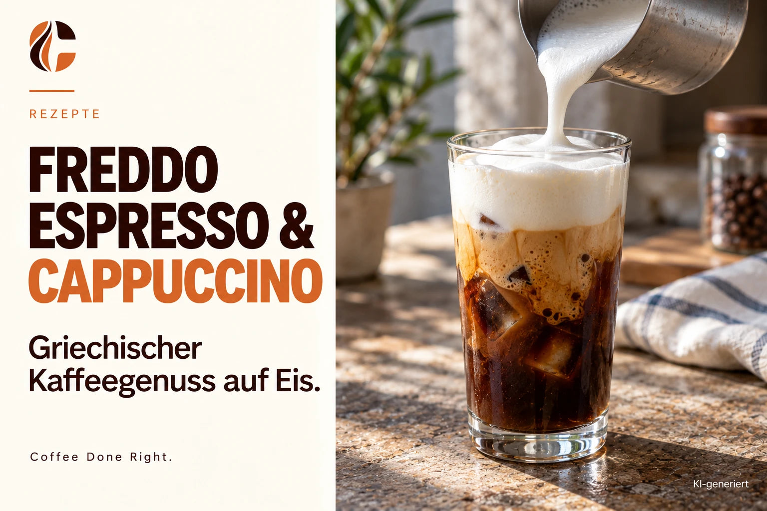 Freddo Espresso & Cappuccino: Rezepte – Kalte Milch und Milchschaum werden auf Espresso mit Eis gegeben