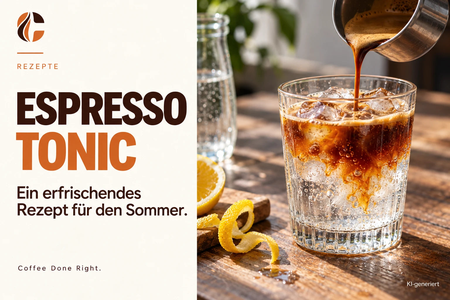 Espresso Tonic: Rezept für den Sommer – Kaffee wird auf Eis und Zitronenschale in ein Glas gegossen