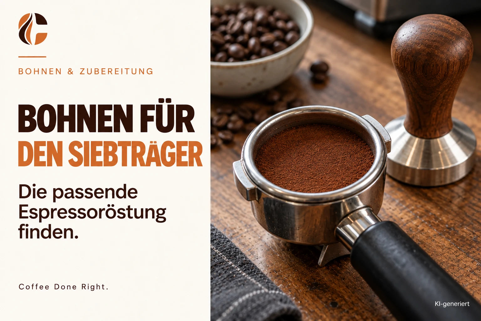Espressobohnen für Siebträger: passende Röstung – Mit Tamper verdichtetes Kaffeemehl in einem Siebträger