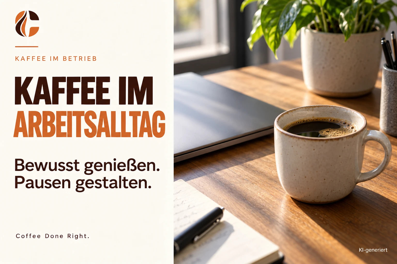 Kaffee im Arbeitsalltag: Genuss und Pausen – Kaffeetasse neben einem geschlossenen Laptop am Arbeitsplatz
