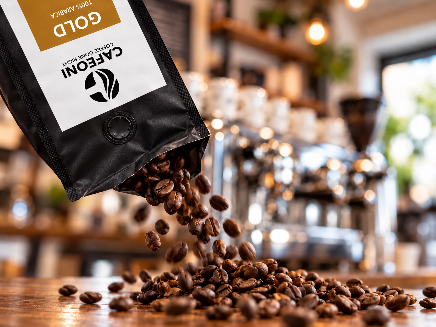 CAFEONI GOLD Kaffeebohnen beim Ausschütten aus der Verpackung vor einer Espresso-Bar – KI-generierte Produktinszenierung