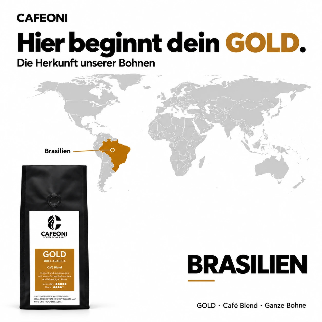 CAFEONI GOLD Kaffeebohnen – Herkunftsländer auf der Weltkarte