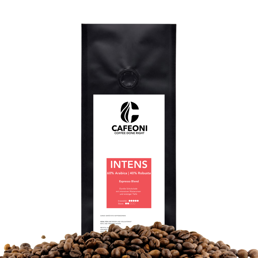 CAFEONI INTENS Kaffeebohnen, dunkel gerösteter Espresso Blend aus 60 % Arabica und 40 % Robusta, 1 kg