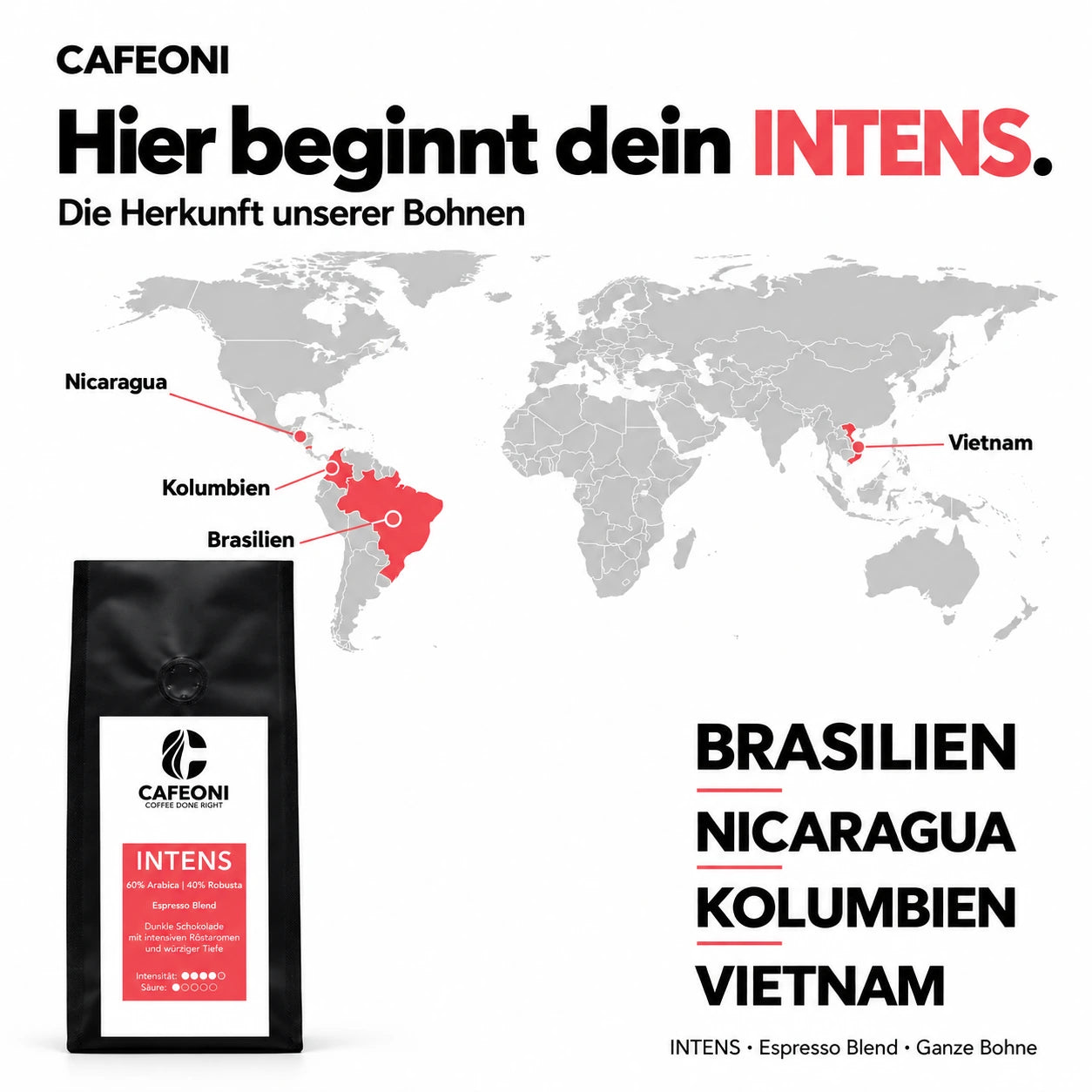 CAFEONI INTENS Kaffeebohnen – Herkunftsländer auf der Weltkarte
