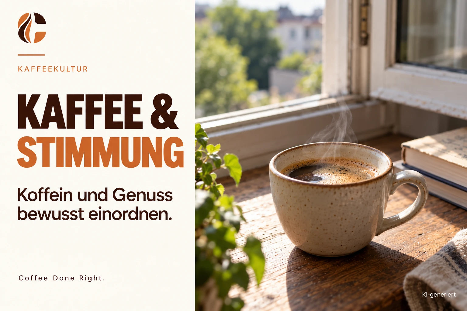 Kaffee und Stimmung: Koffein und Genuss – Cappuccino und Croissant auf einem Tisch mit Stadtblick