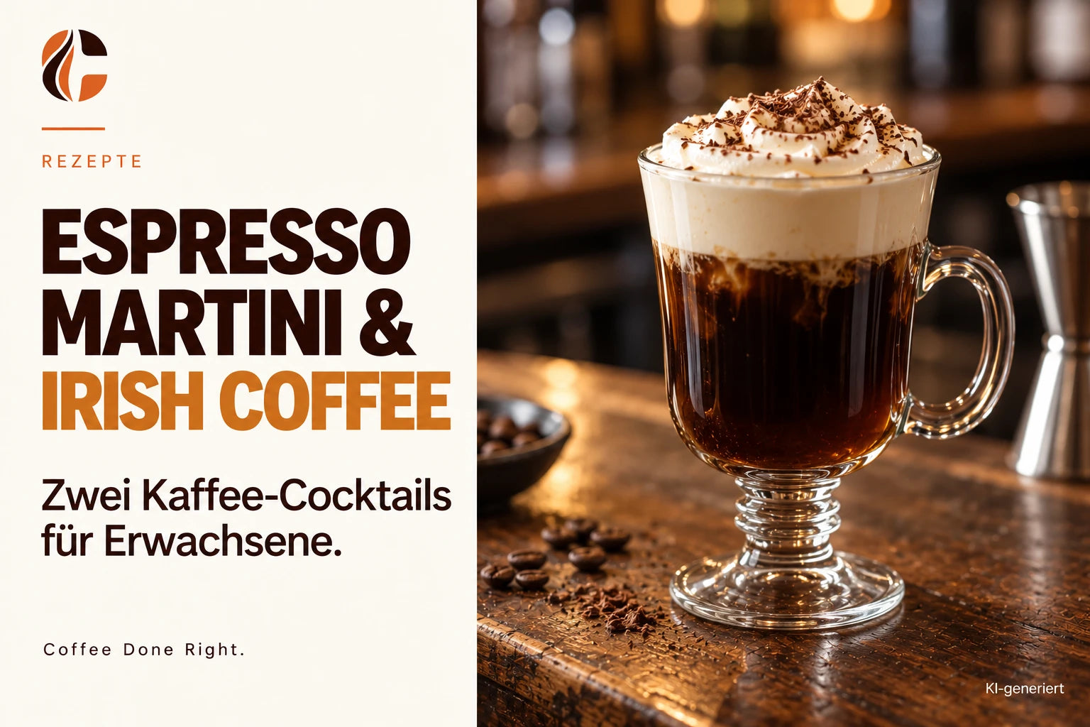 Kaffee-Cocktails: Espresso Martini & Irish Coffee – Irish Coffee im Glas mit Sahnehaube und einer Flasche im Hintergrund