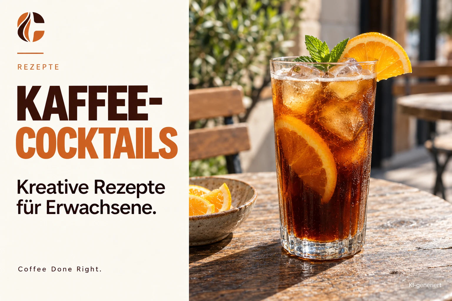 Kaffee-Cocktails: Espresso, Cold Brew & Rezepte – Kalter Kaffee mit Eis und einer Orangenscheibe auf einem Café-Tisch