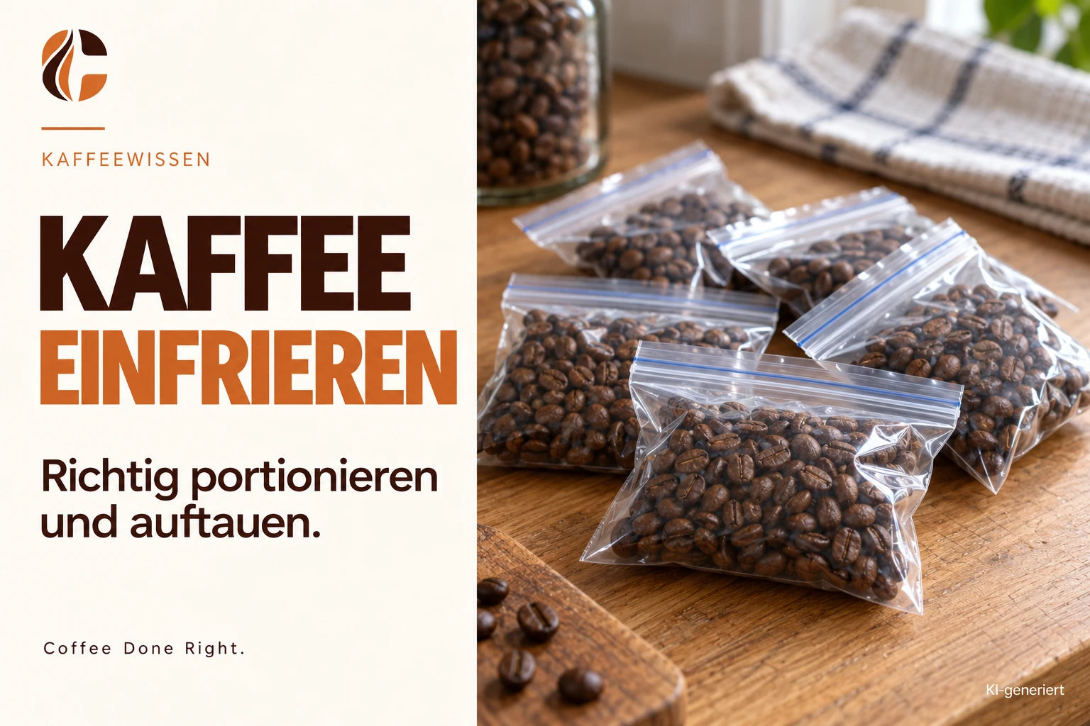 Kaffee einfrieren: Portionieren & Auftauen – Kaffeebohnen in geschlossenen Gefrierbeuteln mit leichtem Frost
