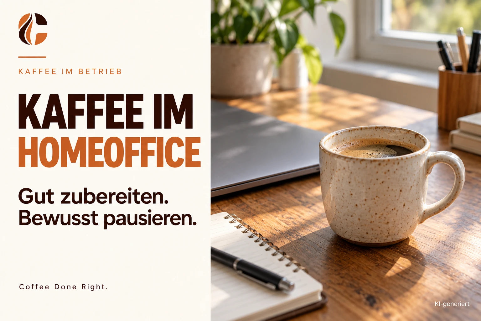 Kaffee im Homeoffice: Zubereitung & Pausen – Kaffeetasse neben einem geschlossenen Laptop am Fenster