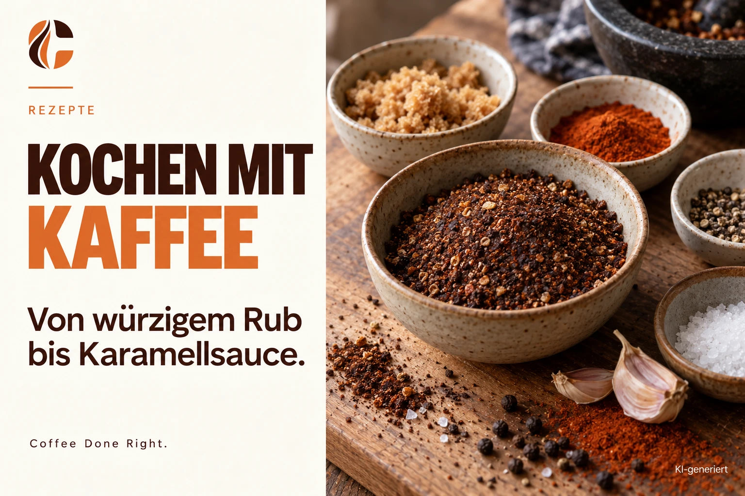 Kochen mit Kaffee: Rub, Karamellsauce und Risotto – Kaffeepulver und Gewürze für eine Kaffeemarinade auf einem Holzbrett