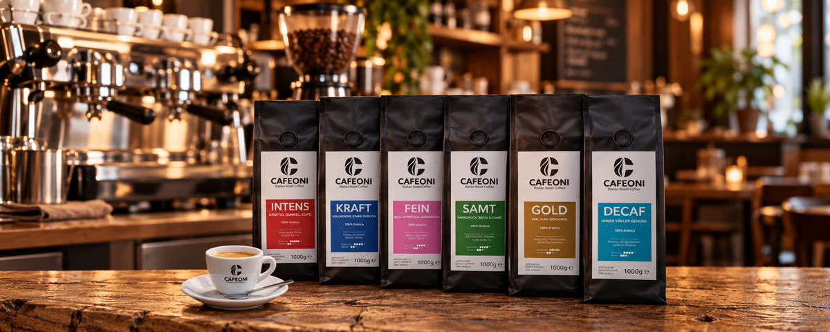 CAFEONI Kaffeesorten vor einer Espressomaschine und Kaffeemühle