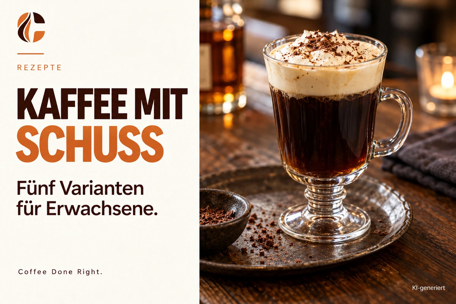 Kaffee mit Schuss: Fünf Varianten für Erwachsene – Kaffee-Cocktail mit Sahnehaube neben einem Glas Spirituose