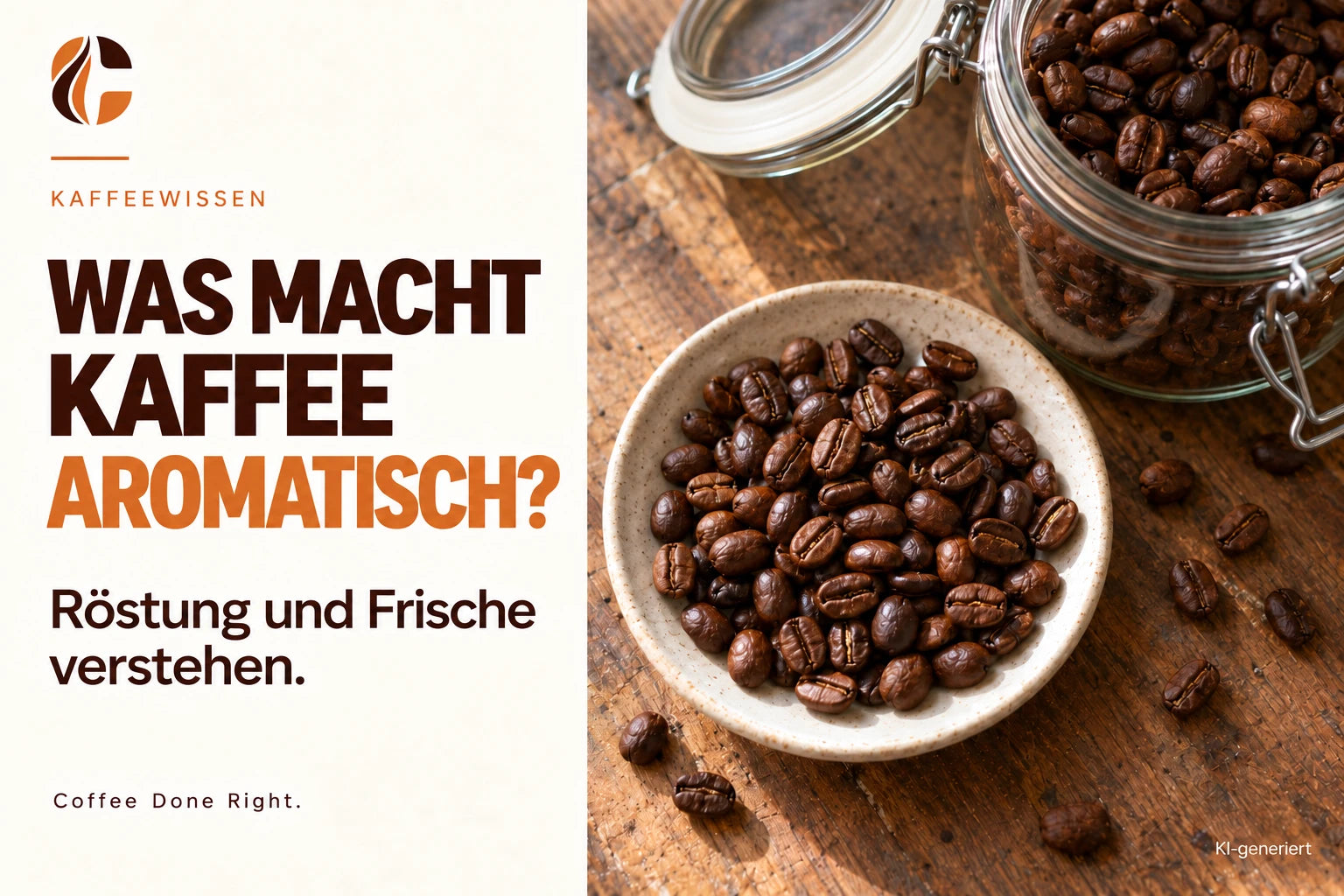 Kaffeearoma: Röstung und Frische – Geröstete Kaffeebohnen in einer Schale neben einem Vorratsglas