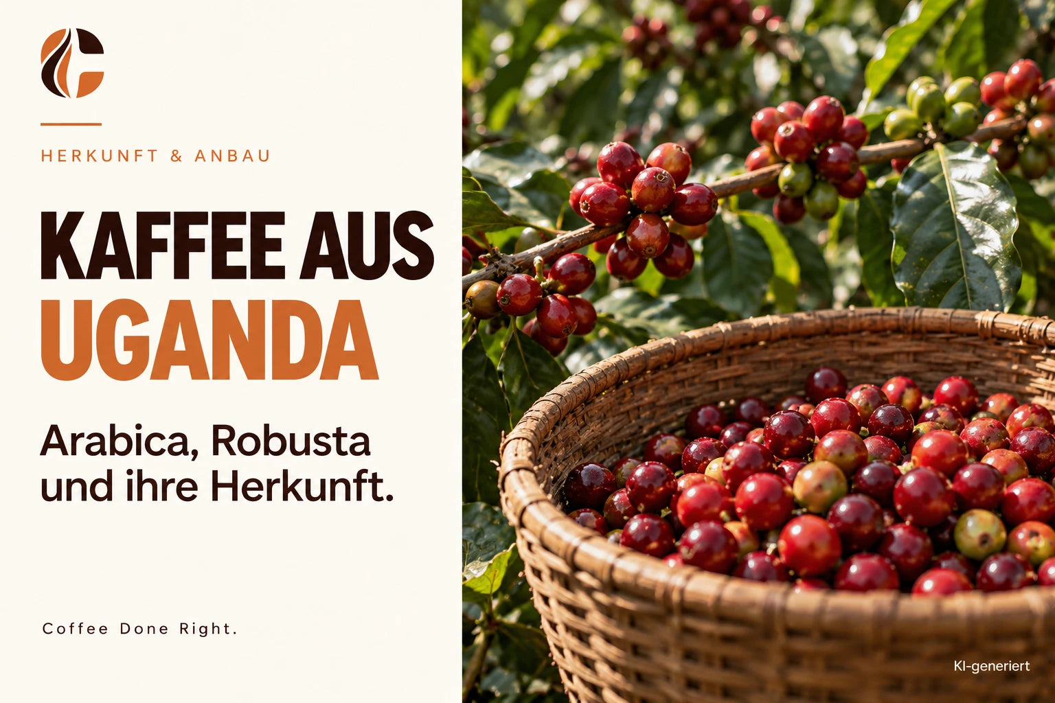 Kaffee aus Uganda: Arabica, Robusta & Anbau – Reife Kaffeekirschen an Sträuchern mit einem Erntekorb