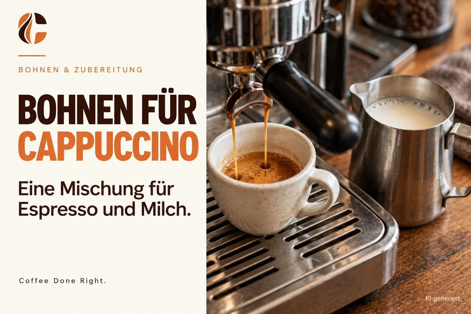 Kaffeebohnen für Cappuccino: passende Mischung – Espresso fließt aus einer Siebträgermaschine in eine Tasse