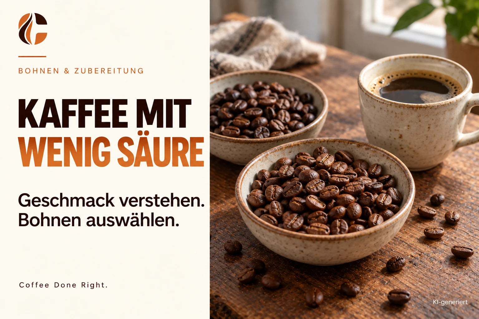 Kaffeebohnen mit wenig Säure: Auswahl & Geschmack – Zwei Schalen Kaffeebohnen neben einer Tasse Kaffee
