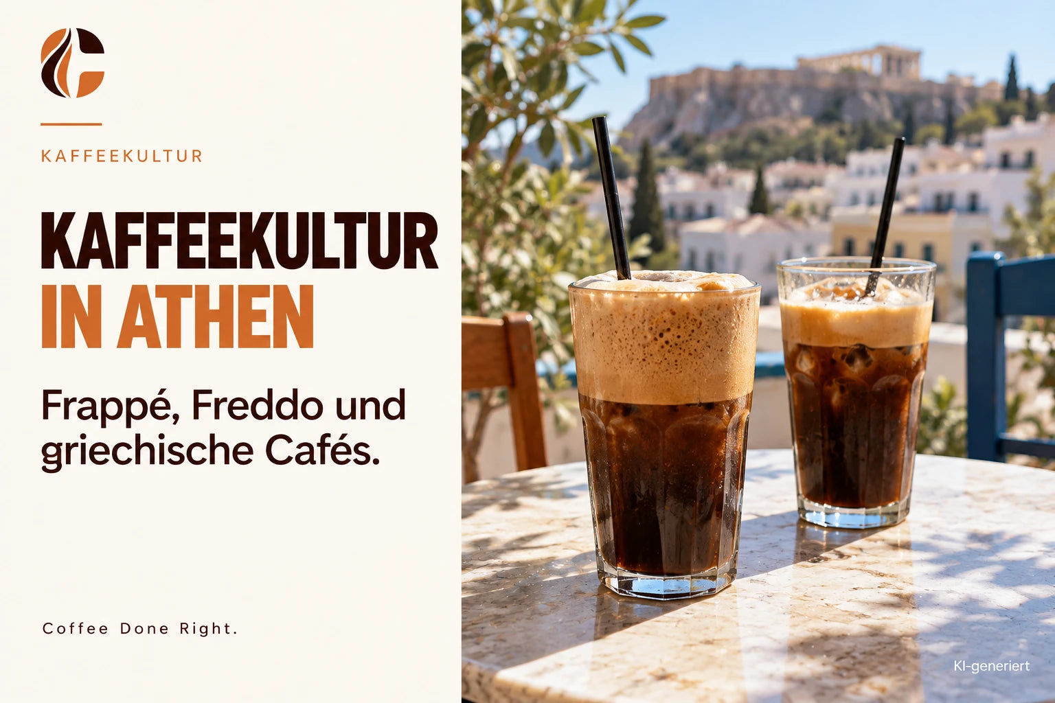 Kaffeekultur in Athen: Frappé & Freddo – Zwei kalte Kaffeegetränke auf einem Tisch mit Blick auf eine griechische Stadt
