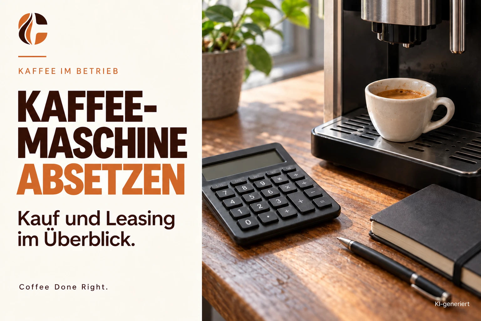 Kaffeemaschine absetzen: Kauf oder Leasing – Espressotasse neben Taschenrechner und Unterlagen auf einem Schreibtisch