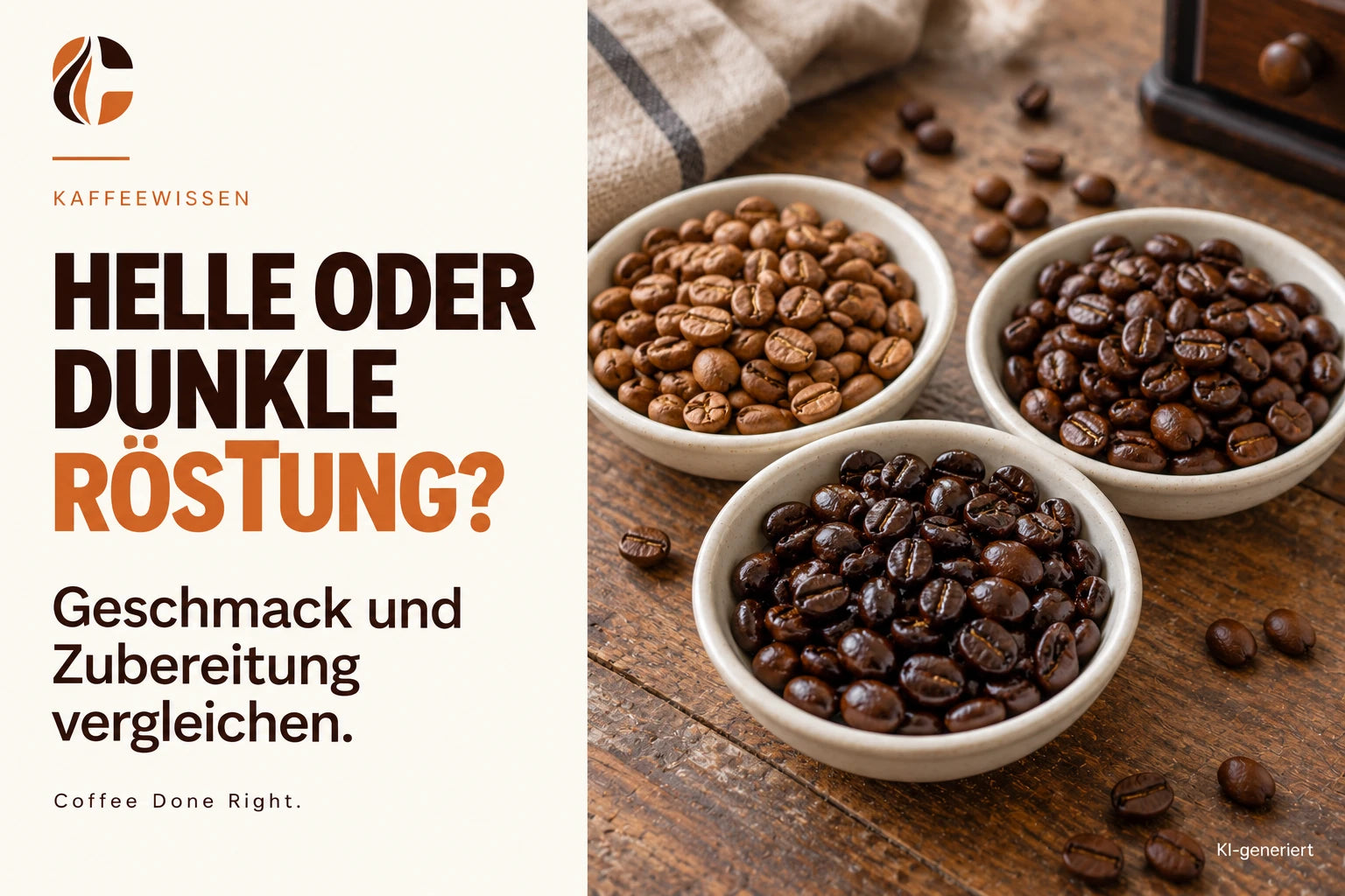 Helle oder dunkle Röstung? Geschmack & Zubereitung – Drei unterschiedliche Röstgrade von Kaffeebohnen in kleinen Schalen