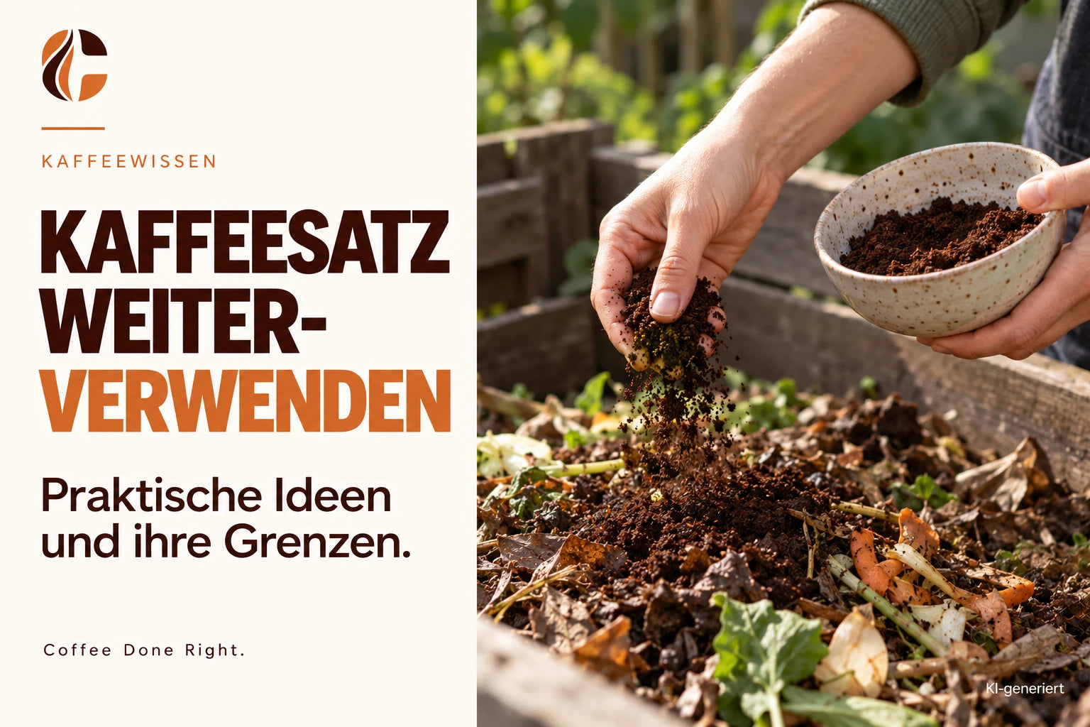 Kaffeesatz weiterverwenden: Ideen & Grenzen – Kaffeesatz wird auf einen Komposthaufen mit Pflanzenresten gestreut