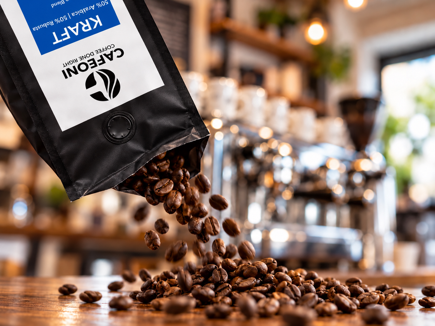 CAFEONI KRAFT Kaffeebohnen beim Ausschütten aus der Verpackung vor einer Espresso-Bar – KI-generierte Produktinszenierung