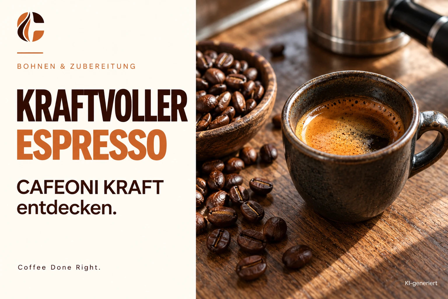 KRAFT Kaffeebohnen: kräftiger Espresso – Espresso in einer schwarzen Tasse neben Kaffeebohnen