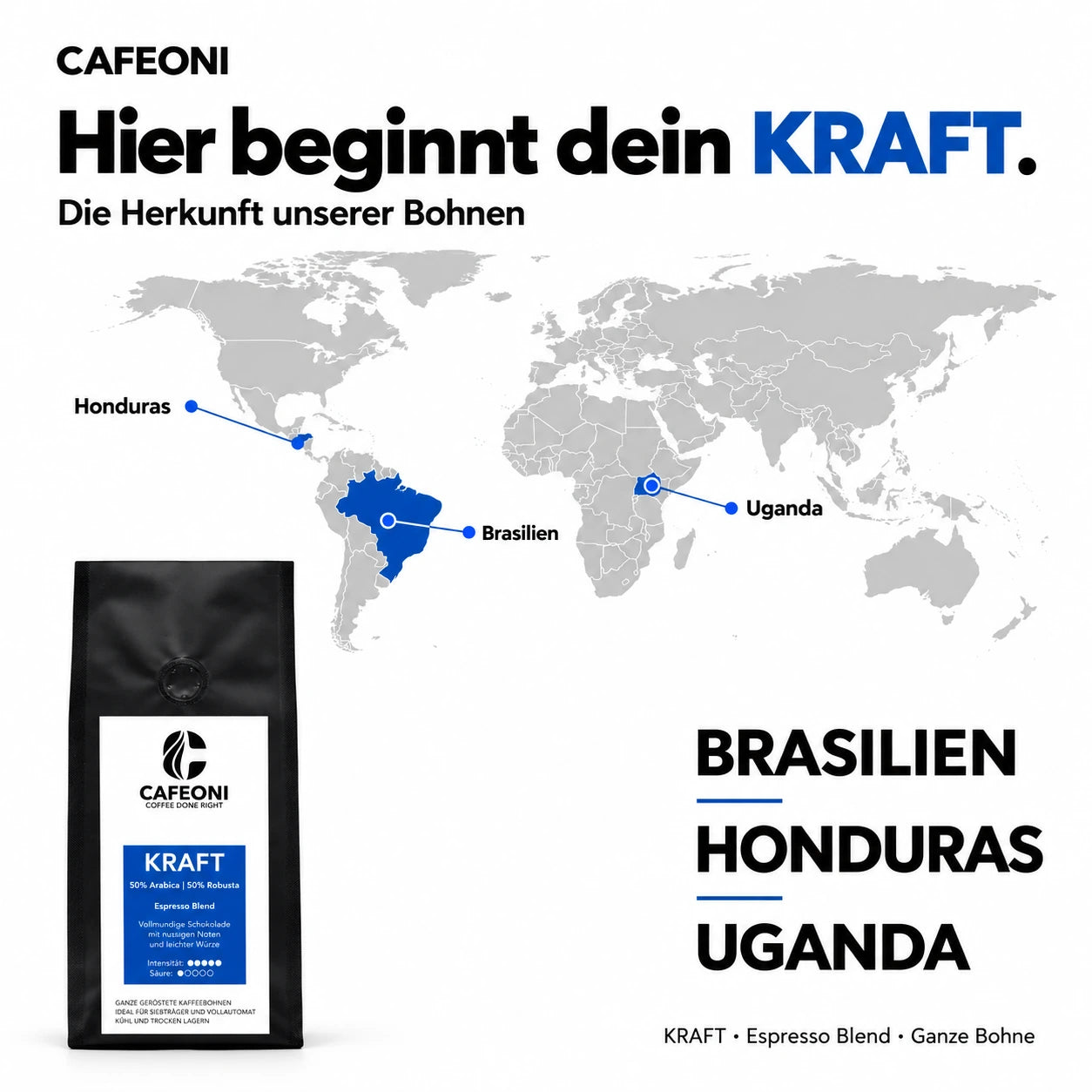 CAFEONI KRAFT Kaffeebohnen – Herkunftsländer auf der Weltkarte