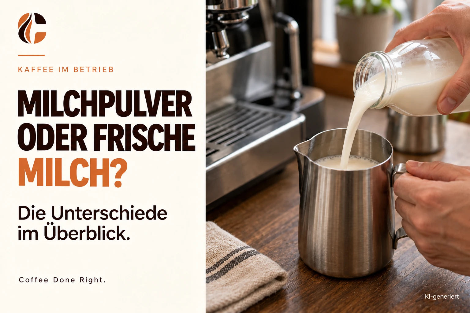 Milchpulver oder Frischmilch im Kaffee? – Frische Milch wird in einen Milchbehälter an einer Kaffeemaschine gefüllt