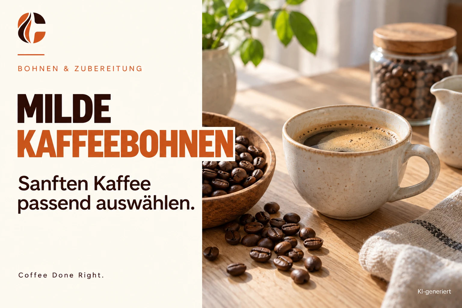 Milde Kaffeebohnen: sanften Kaffee finden – Kaffee, Wasserglas und Croissant auf einem Frühstückstisch