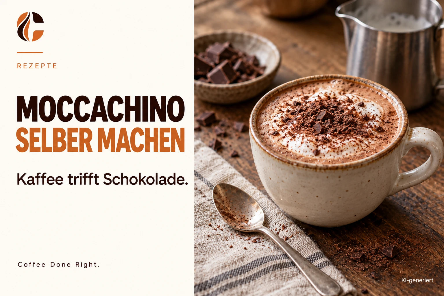 Moccachino: Kaffee mit Schokolade – Milchkaffee mit Kakao neben Schokoladenstücken und Kaffeebohnen