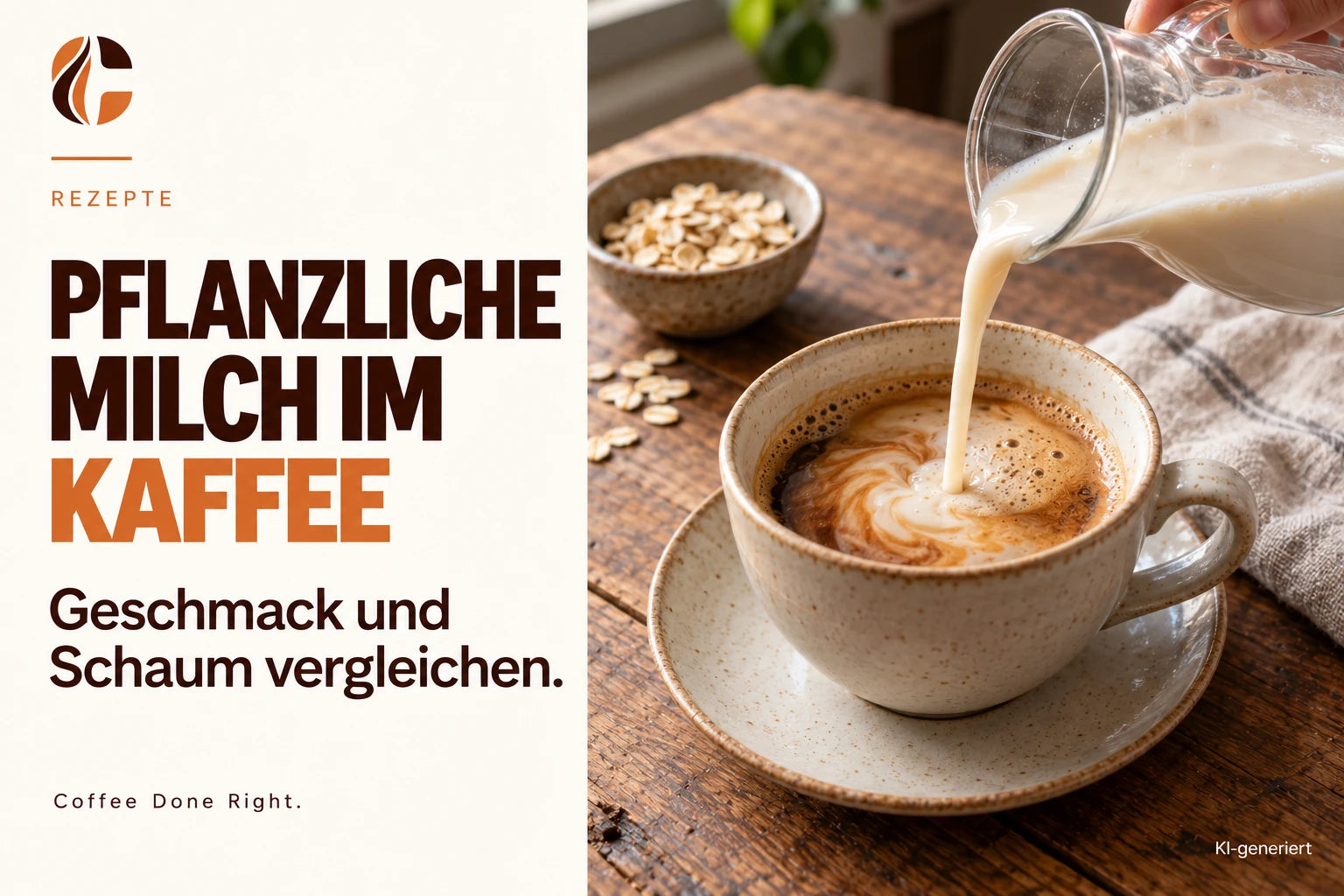 Pflanzliche Milch für Kaffee: Auswahl & Schaum – Pflanzlicher Milchschaum wird in eine Tasse Espresso gegossen