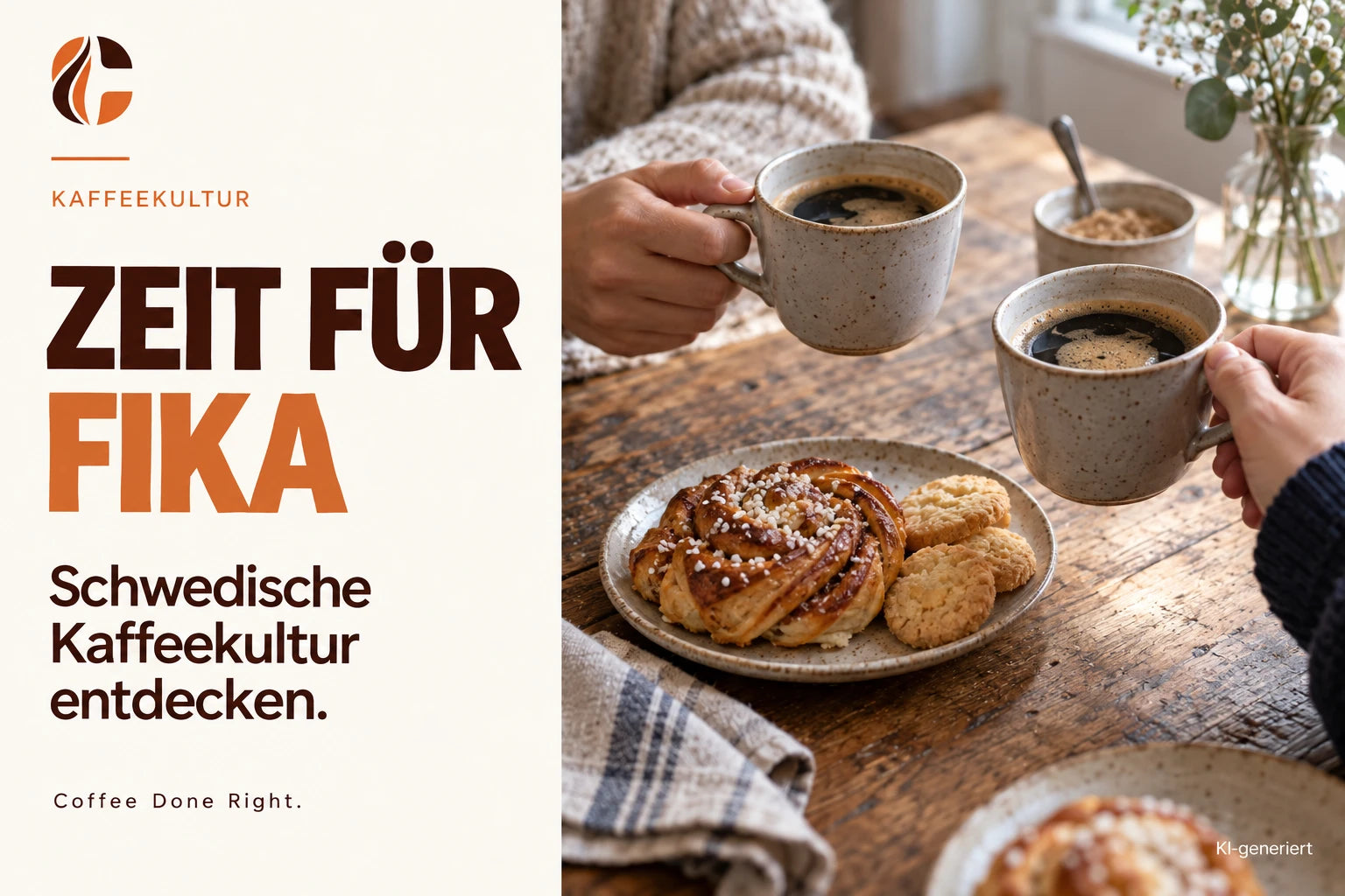 Schwedische Kaffeekultur: Fika erklärt – Zwei Menschen trinken Kaffee und teilen Gebäck im Café