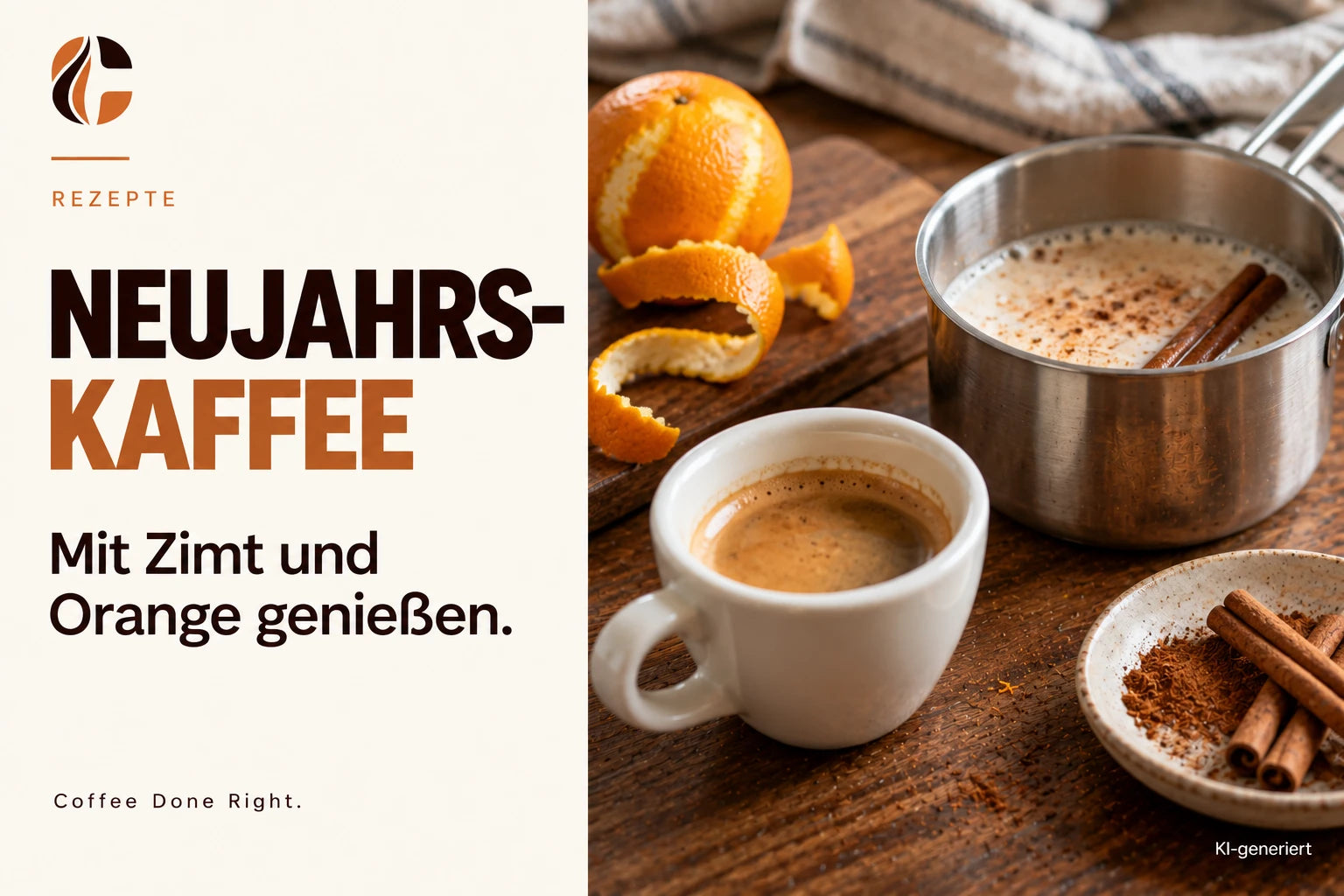 Neujahrs-Kaffee mit Zimt und Orange – Kaffee und Milch neben Orange, Zimt und einem kleinen Topf