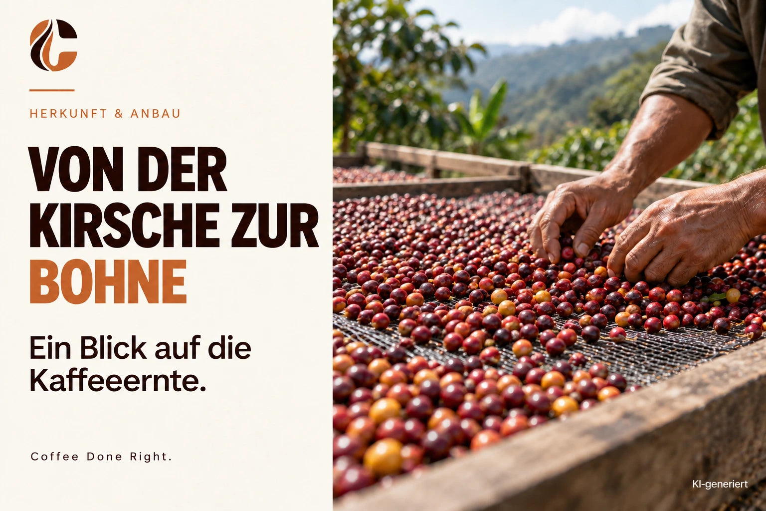 Kaffeeernte: Von der Kirsche zur Bohne – Kaffeebohnen werden auf erhöhten Trockenbetten von Hand verteilt