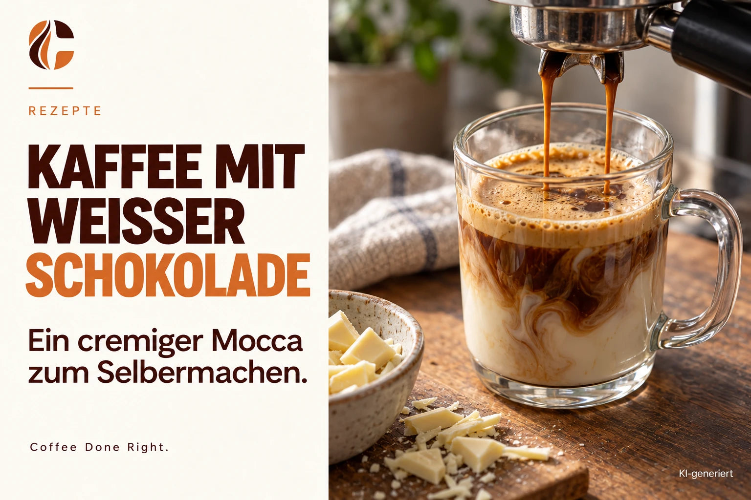 White Chocolate Mocca mit weißer Schokolade – Kaffee wird zu Milch und weißer Schokolade in ein Glas gegossen